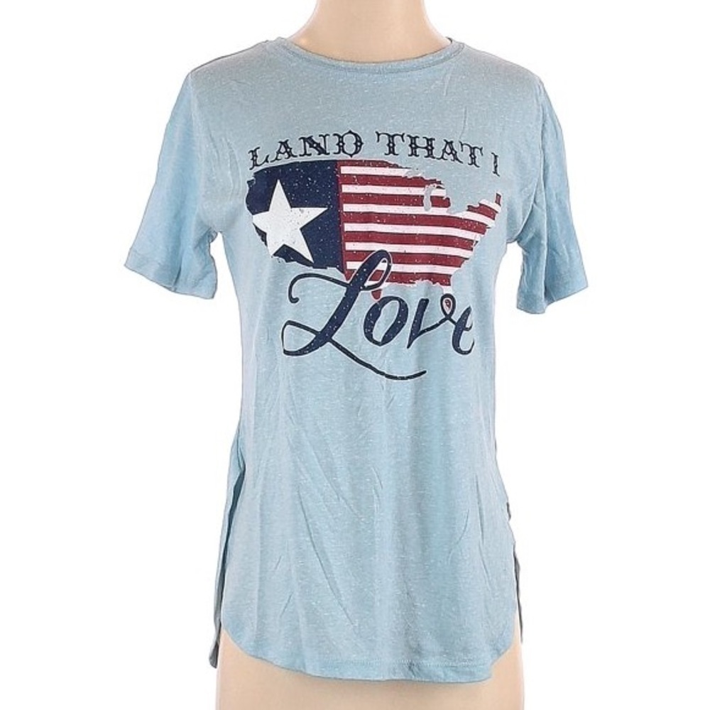 Royce Brand Womens Size Medium Tunic T-Shirt Land That I Love American Flag Blue